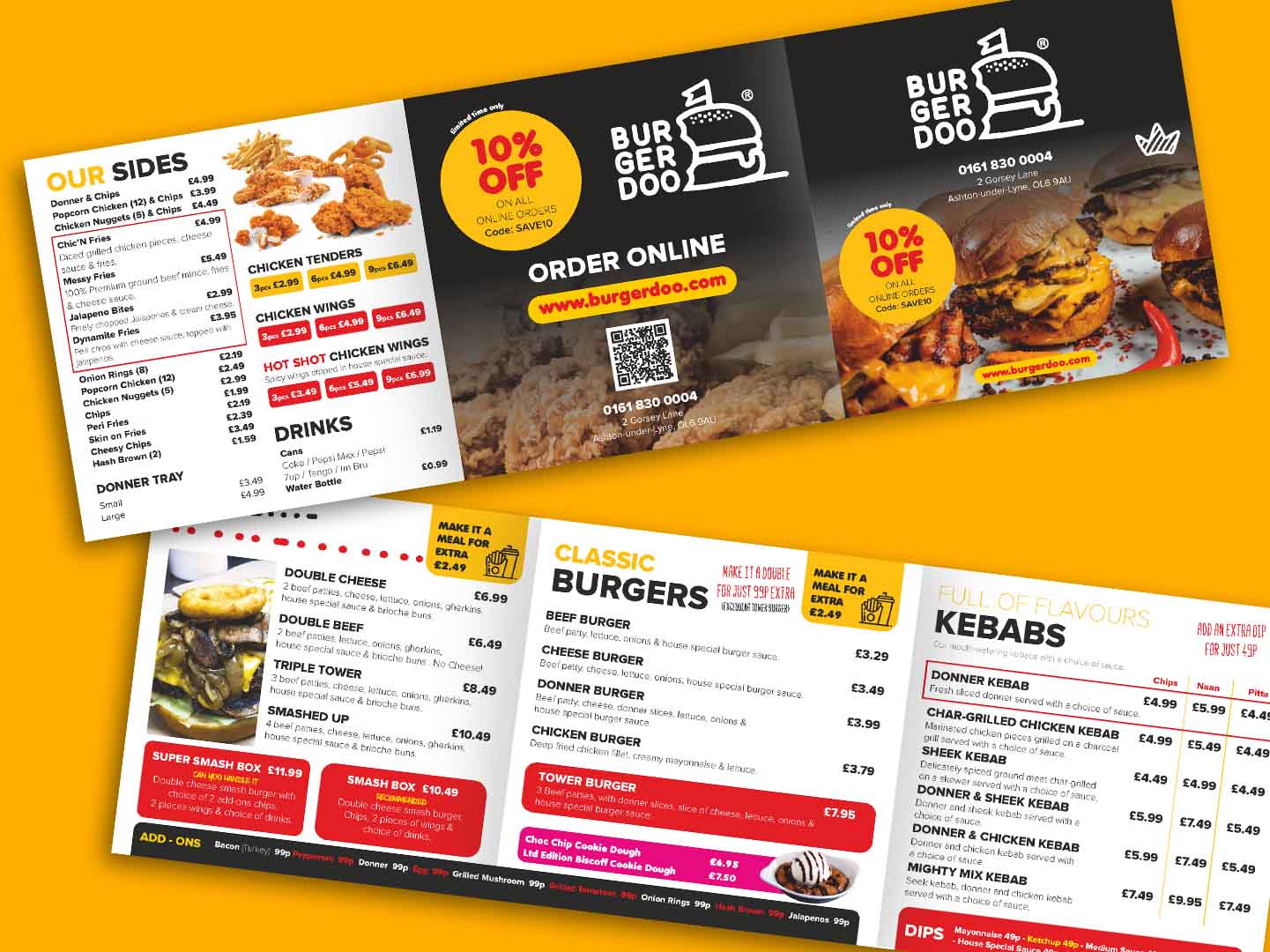 fast food, 3 fold menu design for Burgerdoo takeaway