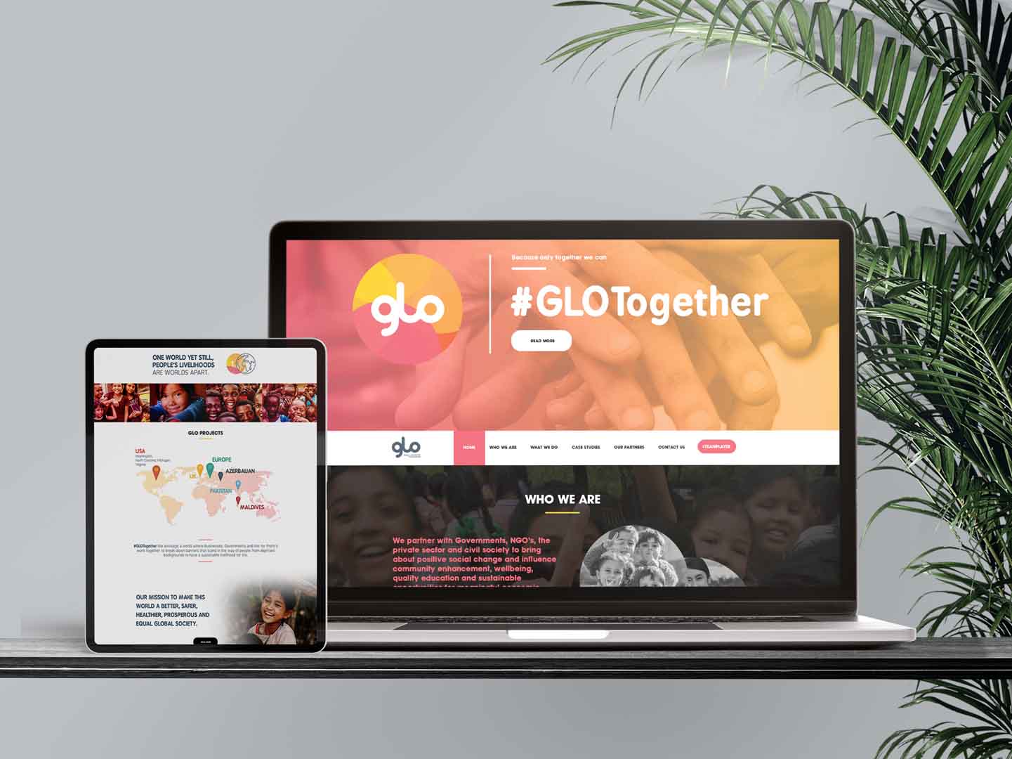 Glo together website displayed on a laptop and tablet